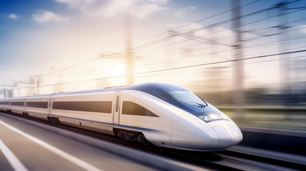 A high speed train is speeding along a track.