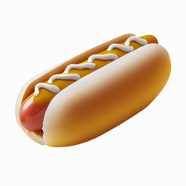 a hot dog with mustard on it with a white background.