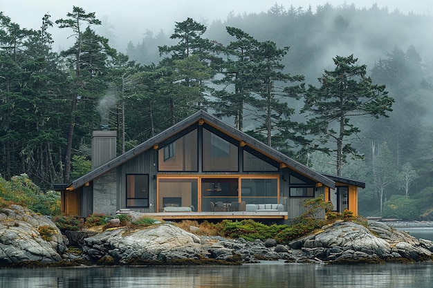 a house with a large window that says  log cabin  on the side