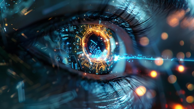 a human eye with a blue eye and a green circuit board