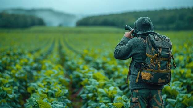 a hunter equipped with binoculars and a map scouting a vast glass agricultural field where rows of crops extend into the distance painting a scene of exploration and anticipation
