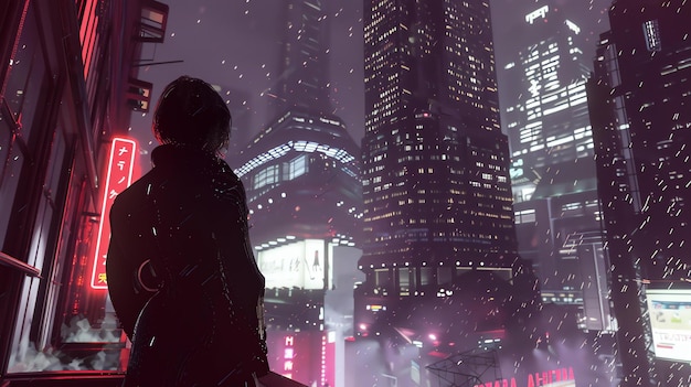 a lone figure stands in a futuristic city gazing out at the towering skyscrapers