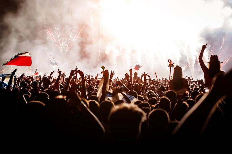 Fotografie a lot of people with raised hands on a festival music show