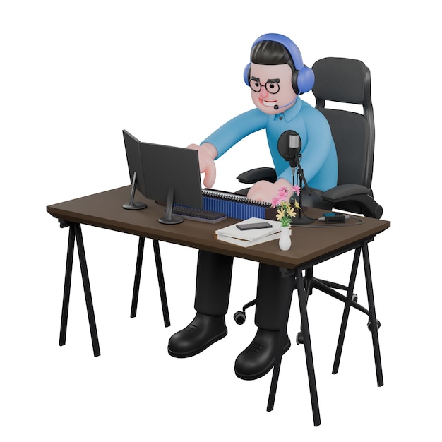 a male radio announcer sits with a computer on the table while typing on the keyboard