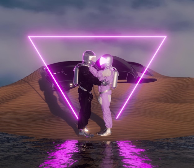 a man and a woman in a desert with a neon sign that says " the word " on it.