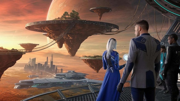 a man and woman looking at a spaceship