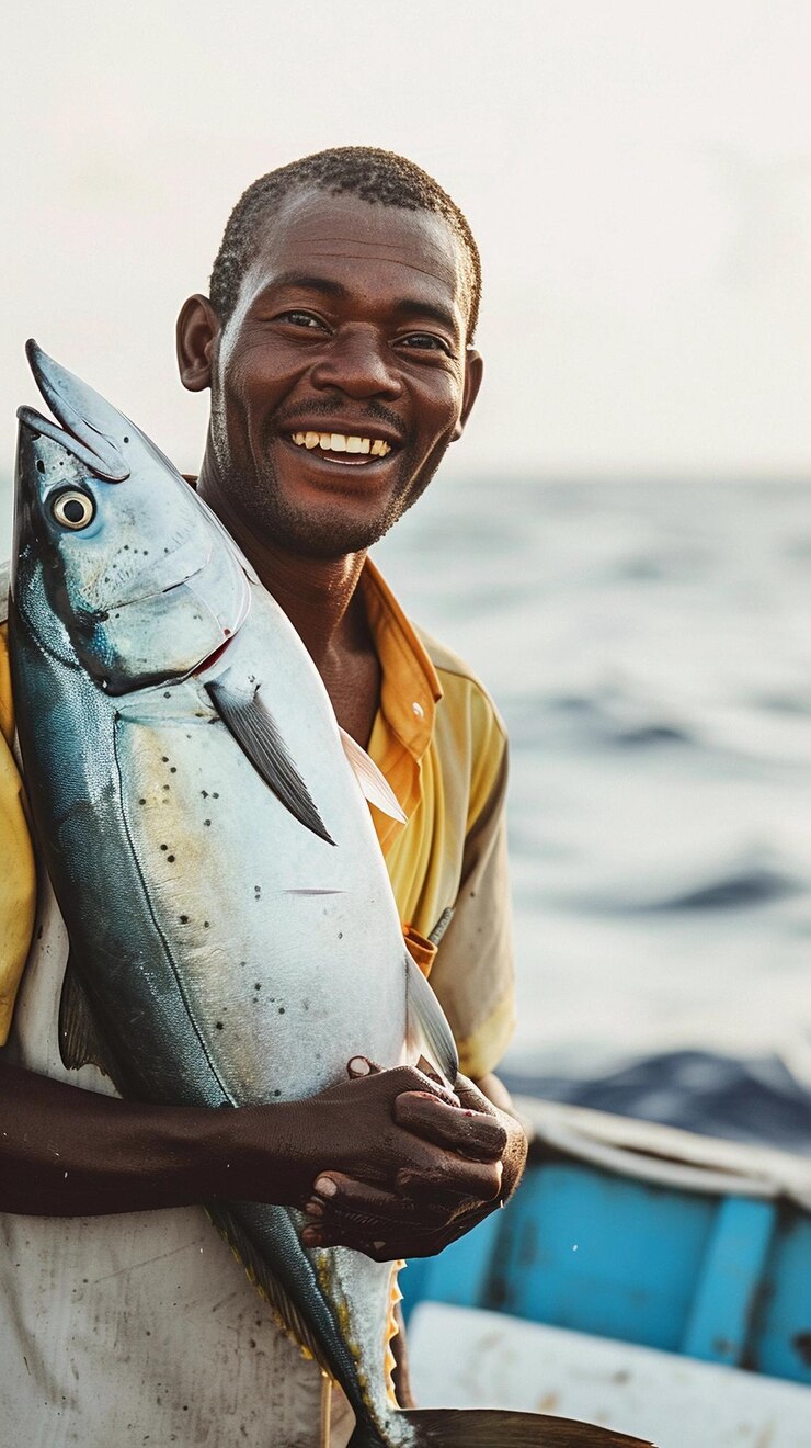 a man holding a fish that has a fish on it