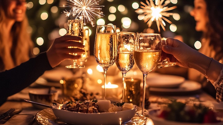 Fotografie a man holding a glass of champagne and champagne glasses with fireworks behind him