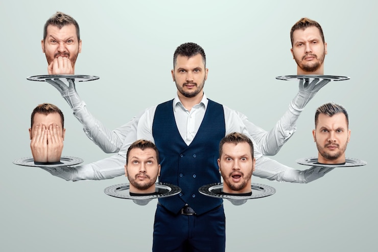 Fotografie a man holds many faces on trays the actor changes emotions different moods split personality different emotions anger lies fear joy creative design magazine style