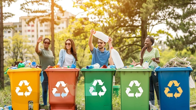 a man in a blue shirt is holding a bottle of recycling in his hand
