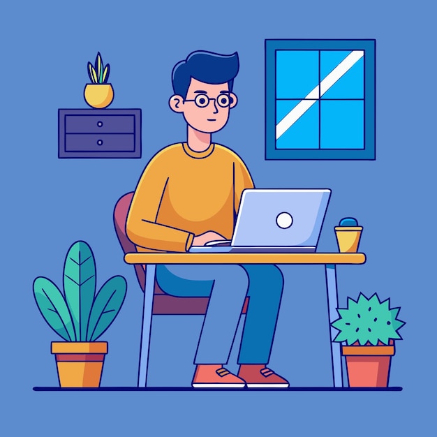 a man sits at a desk with a laptop and a plant in the background