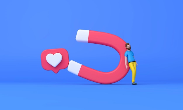 A man standing next to a large magnet attracting social media likes d render