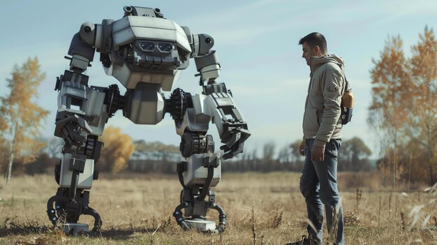 A man stands facing a large robot in a field
