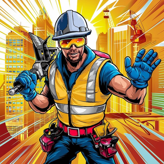 a man wearing a yellow vest with a gun on his back