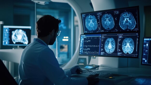 a medical technician operating a sophisticated diagnostic imaging machine with multiple monitors displaying detailed scan results