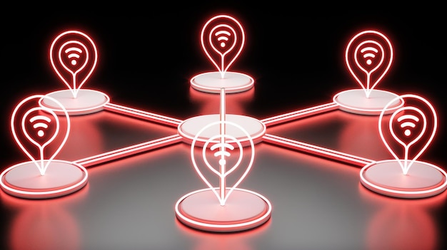 A Network of Red Wifi Connected Location Pins