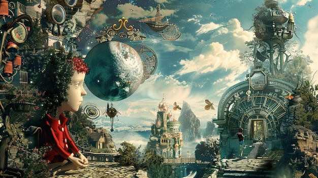 a painting of a fairy and a girl with a red dress on
