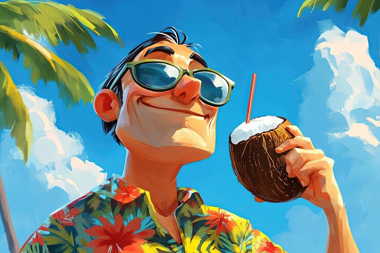 Fotografie a painting of a man drinking a coconut drink
