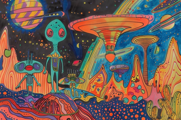 A painting of a man standing in the middle of a vast field surrounded by nature A whimsical drawing of a family of aliens exploring a new planet