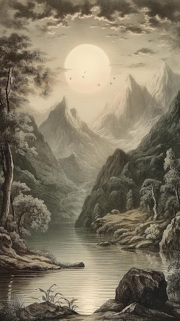 A painting of a river with mountains in the background.