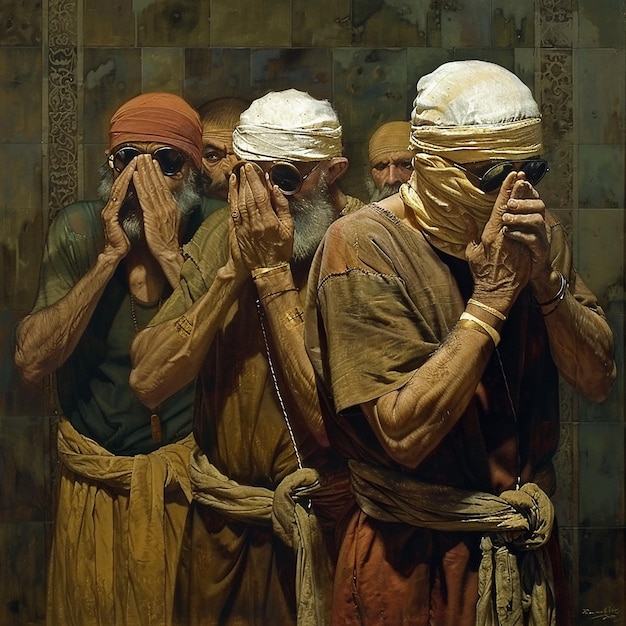 a painting of men with their heads covered with cloths