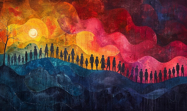 a painting of people on a mountain with the words  silhouettes  on it