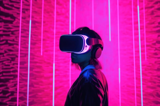 a person wearing a virtual reality headset in front of a pink background generative ai image