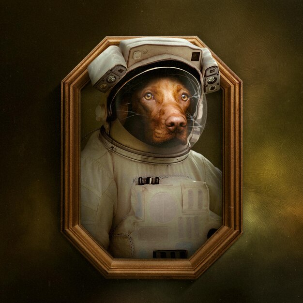 a picture of a dog wearing an astronaut suit.