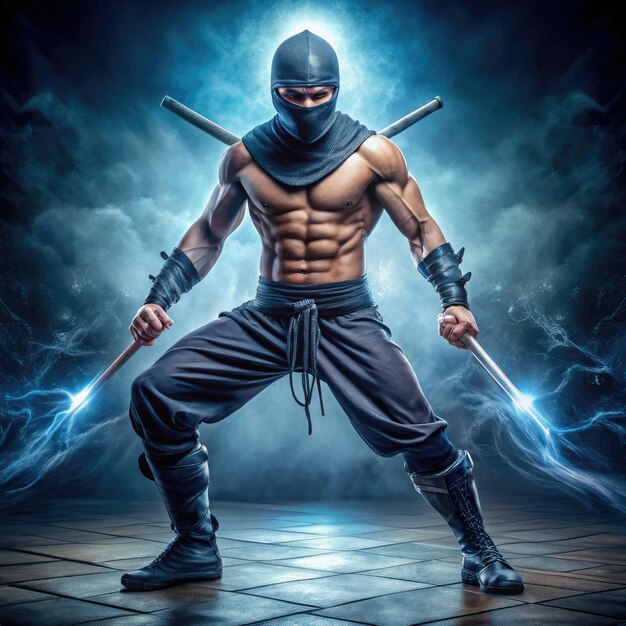 A powerful ninja warrior in full power mode with dual weapons in a dynamic pose Generative AI