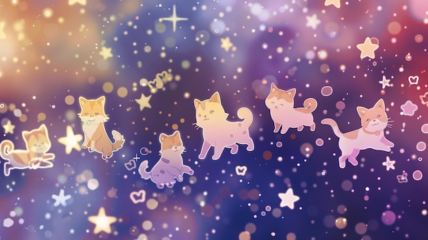 a purple background with a cute cats and hearts