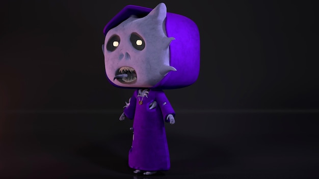 a purple doll with a purple dress and a purple hat.