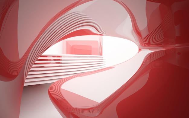 a red and white abstract image of a building with a curved staircase in the background.