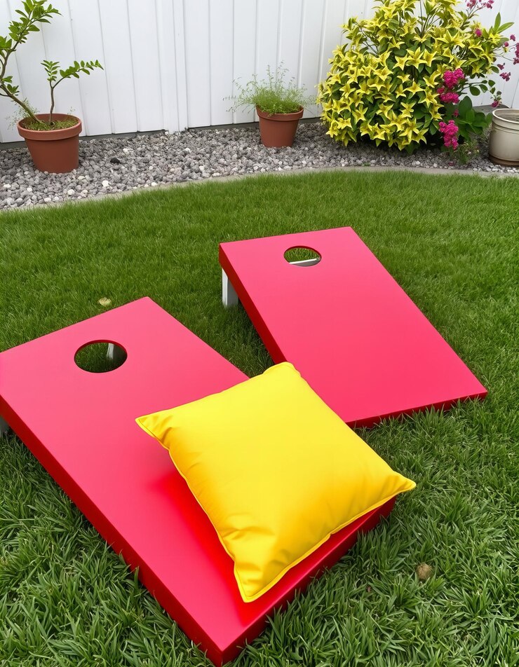 Fotografie a red table with a yellow pillow on it and a yellow pillow on it