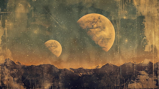 A retrostyle image of a mountain range with two planets in the night sky creating an otherworldly and mysterious atmosphere