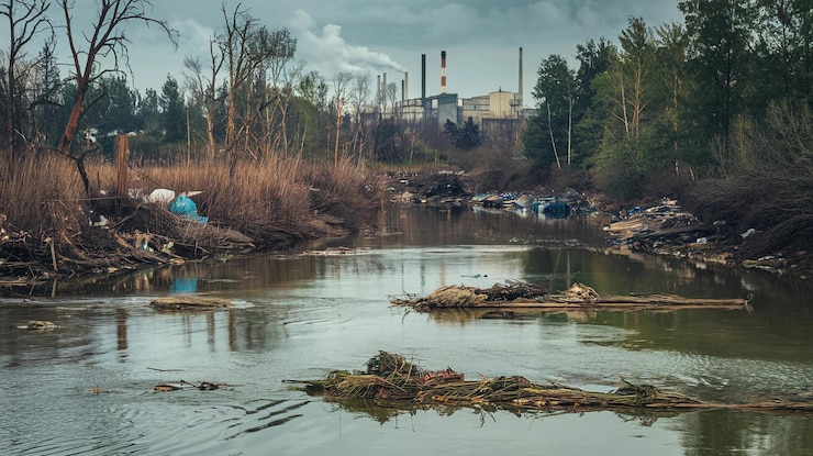 Fotografie a river with a lot of trash in it and a blue tarp in the background