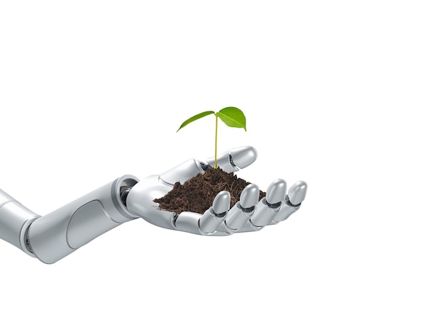 A Robot Hand Holding Sprout isolated on white background with clipping path, 3d render