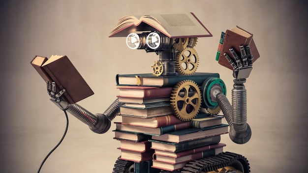 a robot with a book on the top of it