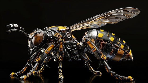 a robotic wasp with intricate metallic detail stands against a black background