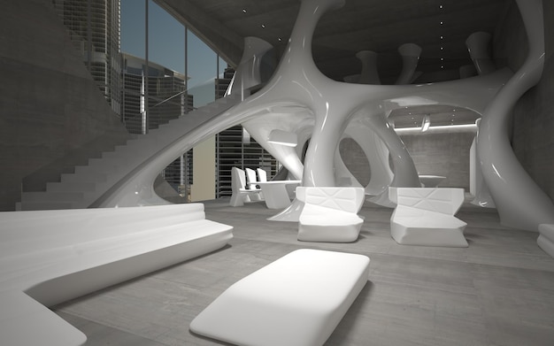 a room with a tree like structure and a white chair.
