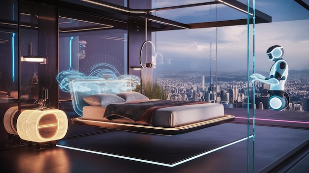 a room with a view of a city and a city