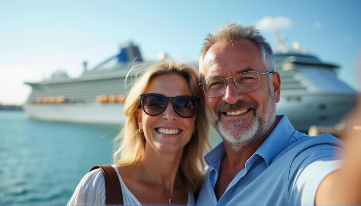 A selfie photo of a middleaged man and woman with a beautiful cruise ship in the background