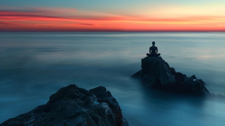 Fotografie a serene silhouette of a person meditating on coastal rocks against a captivating sunset with a smooth ocean backdrop