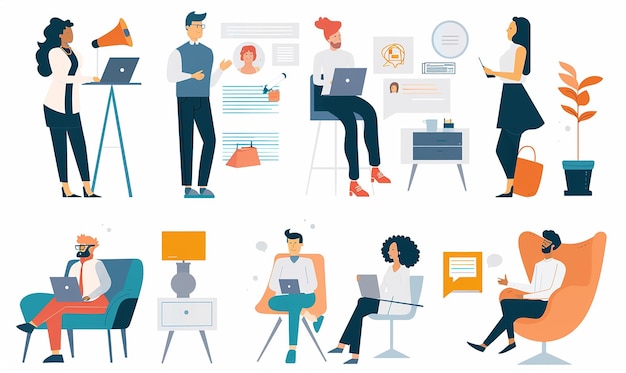 a series of illustrations with people working in the background