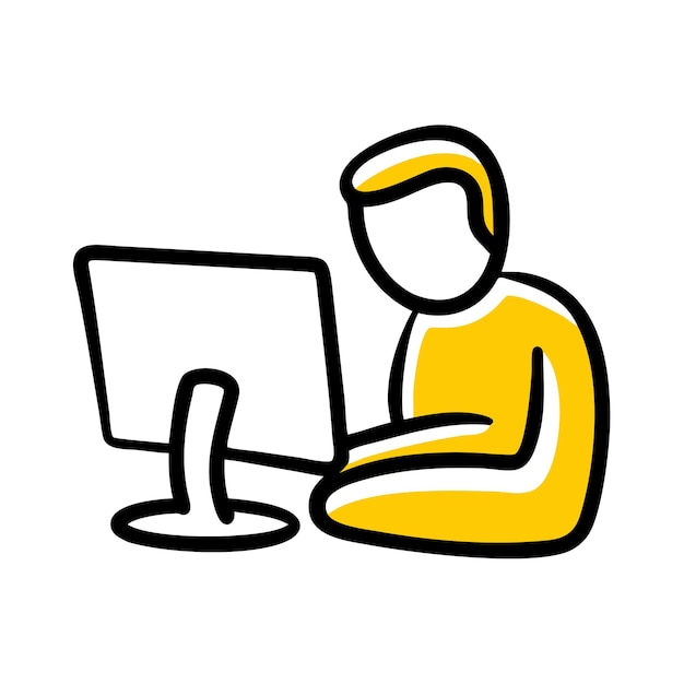 a simplified abstract design shows a person seated at a desk working on a computer
