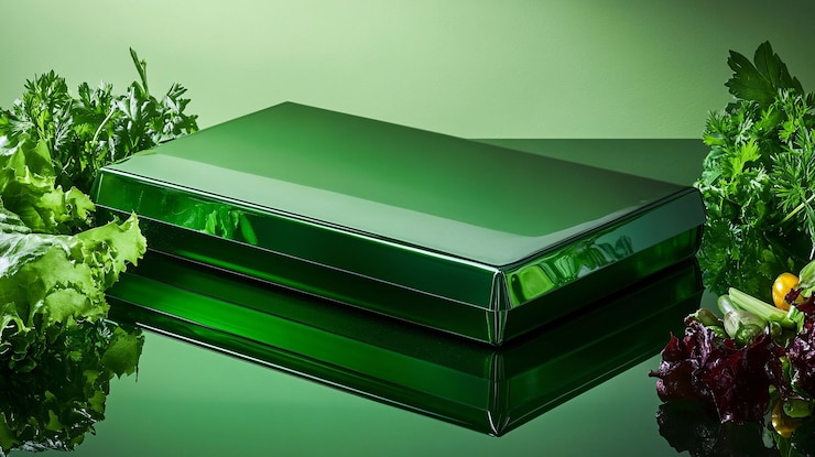 Fotografie a sleek emerald green fast food package with a glossy finish and no label is displayed on a reflective surface creating a fresh and vibrant look the package is rectangular with a secure foldover