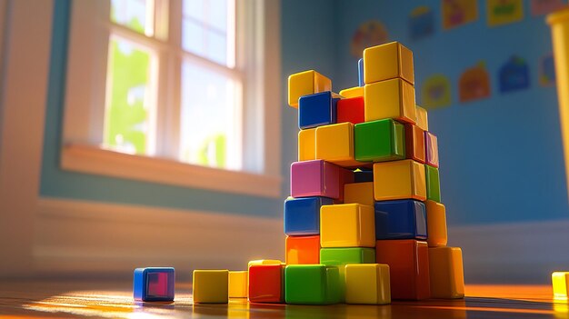 a stack of colorful blocks are on a table one of which has a window open