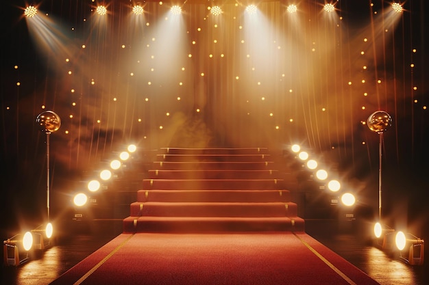 a stage with a red carpet and lights behind it