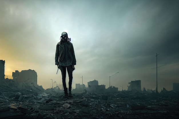 a stalker survivor in protective clothing and an old gas mask against the apocalyptic backdrop.