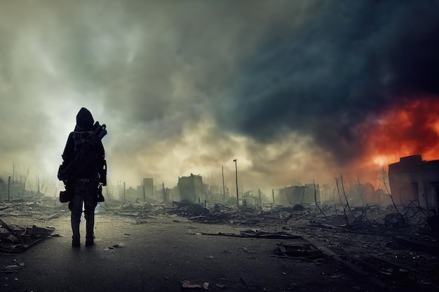 a stalker survivor in protective clothing and an old gas mask against the apocalyptic backdrop