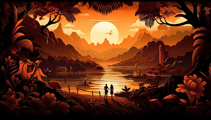 a sunset with a couple in a lake